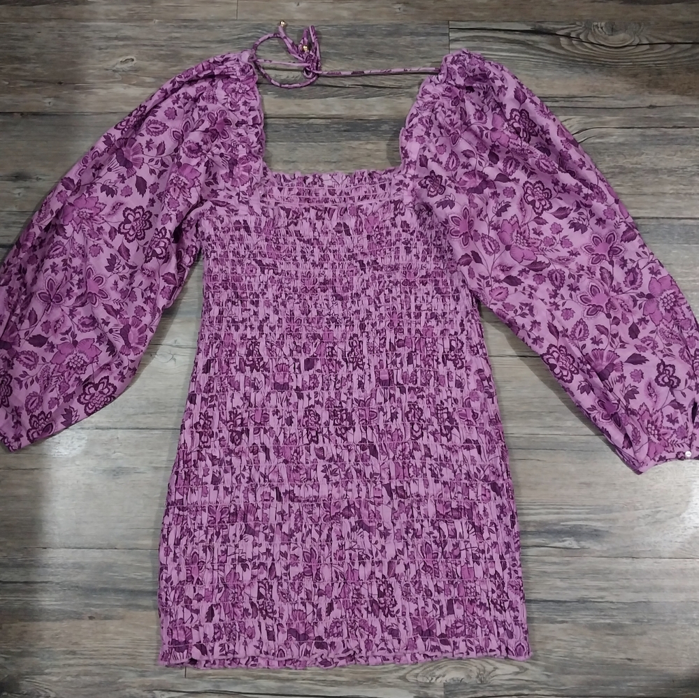 Free People Smock It To Me Mini Dress Womens Size L Purple Floral Square Necklin